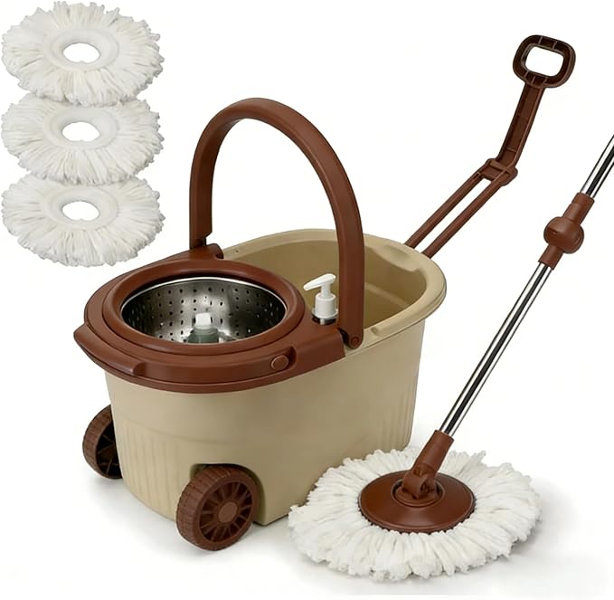 360° Spin Mop and Bucket System with Wringer - 61" Stainless Steel Handle & 3 Microfiber Refills, Self-Cleaning Floor Mop for Tile, Hardwood, Laminate Floors (Khaki)