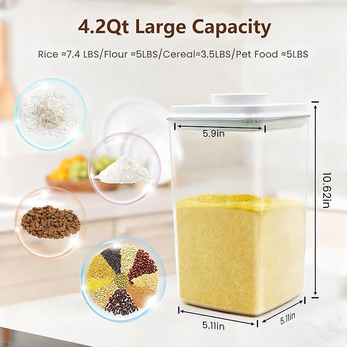 Pop Airtight Food Storage Containers with Lids Stackable Containers for Kitchen Pantry Organization Ideal for Cereal Snacks Flour Sugar Coffee and Spaghetti (gray, 4.2qt)