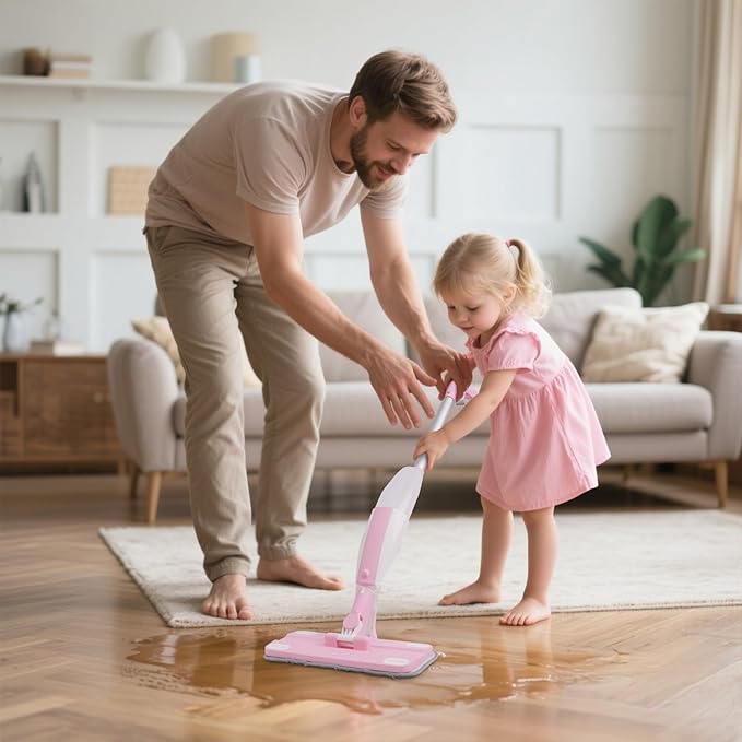 Hilsoeet Kids Spray Mop Pink, Real Working Water-Spraying Toy, Montessori Mini Mop with 2 Microfiber Washable Pads, Toddler Cleaning Set for Floor, Christmas Birthday Gifts for Age 3 4 5 6 7 8
