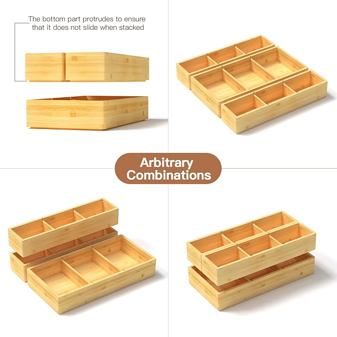 DUJEN Bamboo Drawer Organizer 12.5'' X 12.5'' X 2'', Adjustable 3 Individual Junk Drawer organizer for Bathroom and Kitchen, Wood Drawer Tea Organier Boxes for Silverware, Make up and Tea Bag