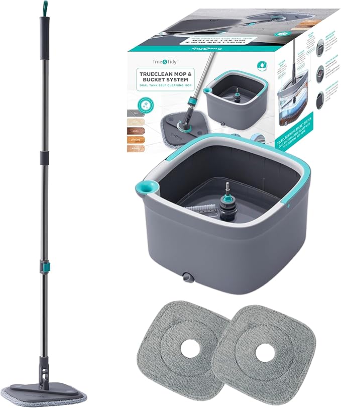 True & Tidy® SPIN-800 TrueClean Mop and Bucket System Upgraded Version w/Side Brush & Self-Standing Handle, Self Wringing Spin Mop w/Separate Compartments for Clean and Dirty Water