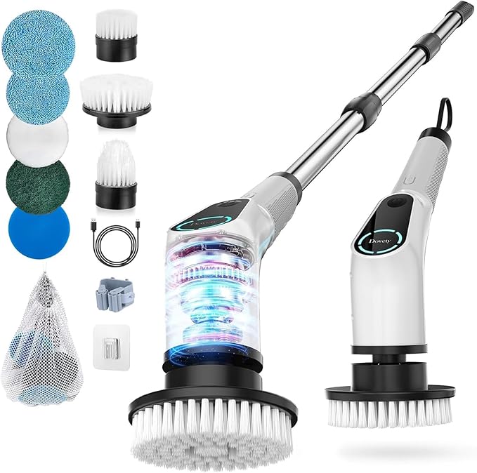 Dovety Electric Spin Scrubber, Shower Scrubber, Power Cleaner Tools with 8 Replaceable Brush Heads, Cleaning Brush with Extension Handle, 2 Adjustable Speeds, 90Mins Work Time for Home Bathtub-White