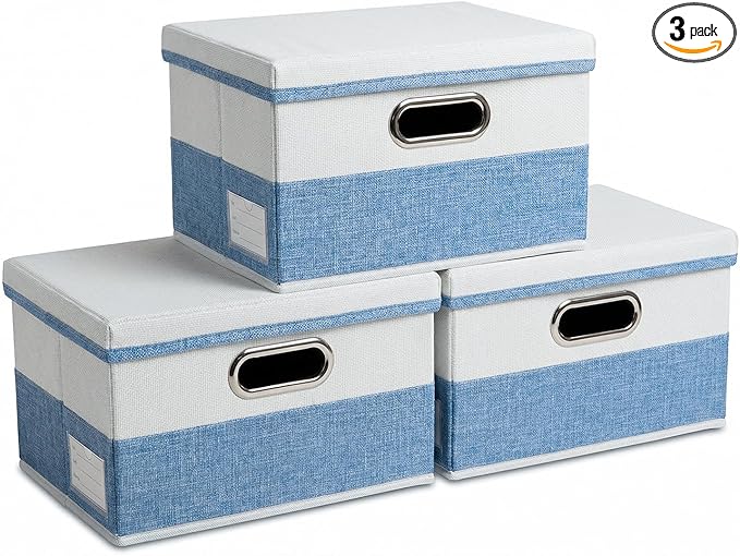 PRANDOM Storage Bins [3-Pack] Linen Foldable Boxes - Blue & White