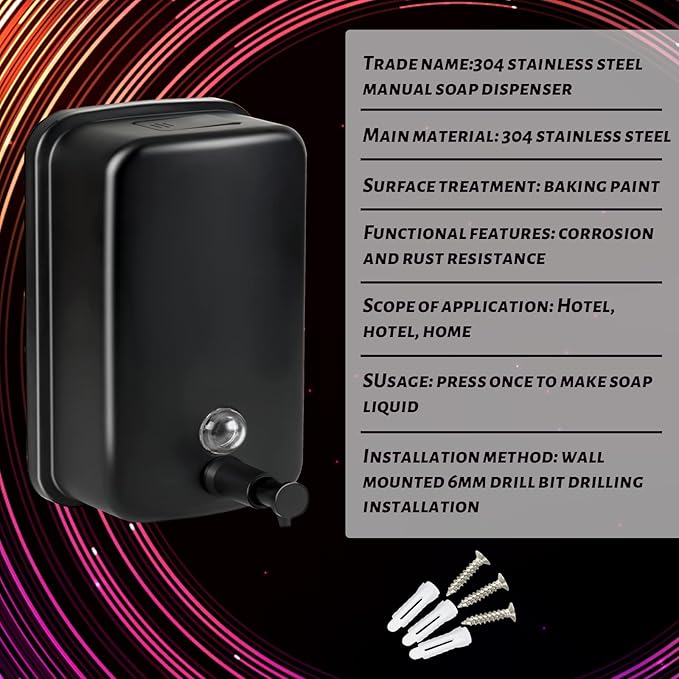 WEWABABY Wall Mount Soap Dispenser, 500 ml Black Metal for Bathroom & Kitchen