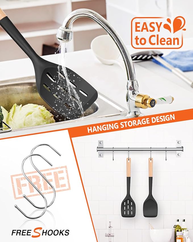 Pack of 2 Silicone Spatula, Non Stick Cooking Utensil Set Wooden Handle Kitchen Turner for Baking Mixing Grilling Serving Food Heat Resistant Non Scratch Hooks Included (Black)