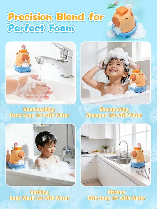 QANYI Capybara Silicone Touchless Soap Dispenser - Automatic Bubble Foam Machine for Kids, IPX7 Waterproof & Rechargeable, Fun Bath Toy to Encourage Child Hygiene from Hand Washing to Bath Time(Blue)