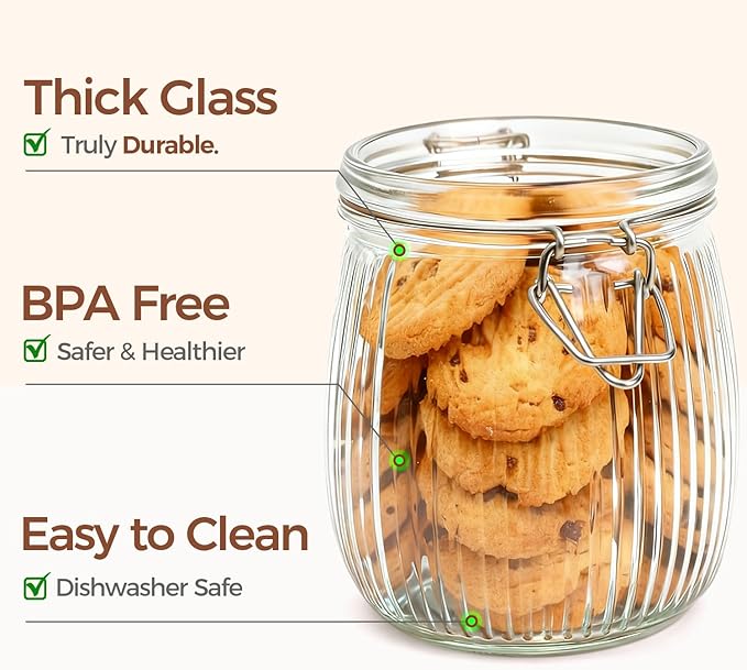 ComSaf 25oz Fluted Glass Mason Jars - Set of 6 Vintage Canisters with Airtight Lids for Sourdough Starter, Pickling, Coffee & Pantry Organization