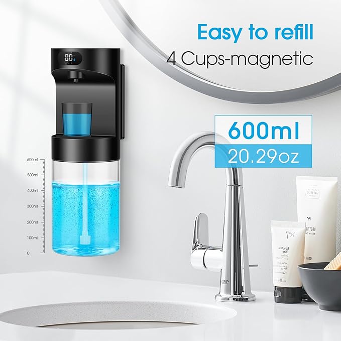 Automatic Mouthwash Dispenser for Bathroom,20.29 oz Touchless Electric Mouth Wash Dispensers Bathroom Accessories Set with 4 Magnetic Cups,4 Modes Wall Mounted Mouth Wash Dispenser for Home & Kids