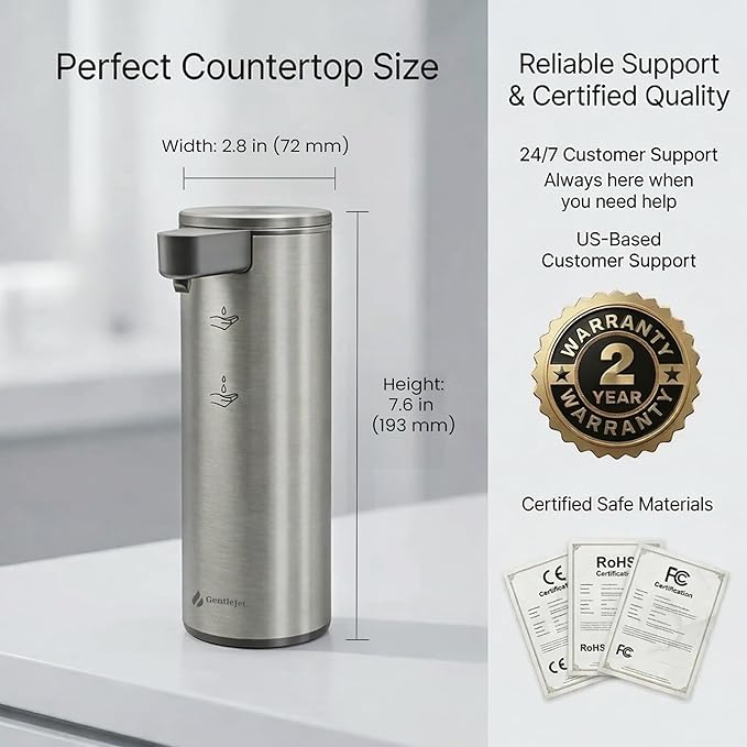 GentleJet OpalDrop Automatic Liquid Soap Dispenser for Kitchen Sink – Touchless No-Drip Pump, USB-C Rechargeable, 304 Stainless Steel, IPX5 Water-Resistant, 270 ml