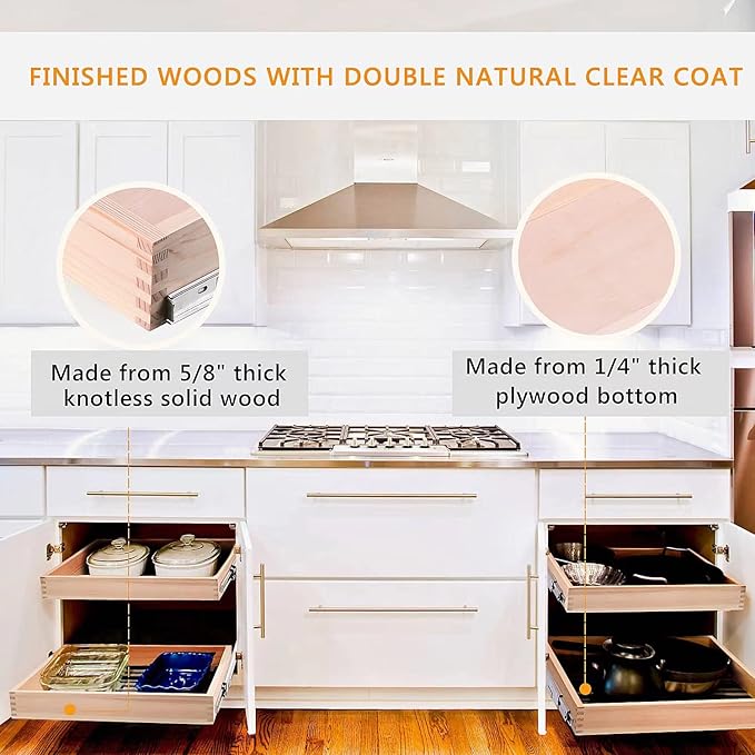Mulush 16”W x 21”D x 3‘’H Soft Close Slide Out Wood Drawer Organizer for Kitchen, Finished, (Cabinet Opening>17.5 inches for Bottom Assembly, Opening= 17 inches for Side Assembly)