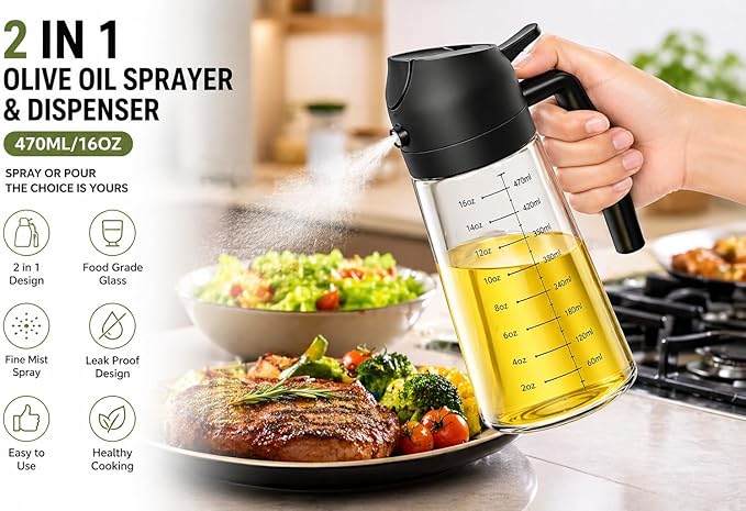 16oz/470ml Glass Olive Oil Sprayer for Cooking – 2 in 1 Oil Dispenser Bottle, Dual Spray & Pour, Food Grade, Leakproof Kitchen Oil Spray Bottle for Air Fryer, Salad, BBQ