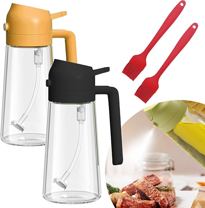 2 In 1 Glass Oil Sprayer & Dispenser with Brush, 2024 New 2-in-1 Glass Oil Sprayer and Dispenser for Kitchen Cooking, Spray Oil Dispenser for Kitchen, Food-grade Oil Mister Spray Bottle (SET B,600ml)
