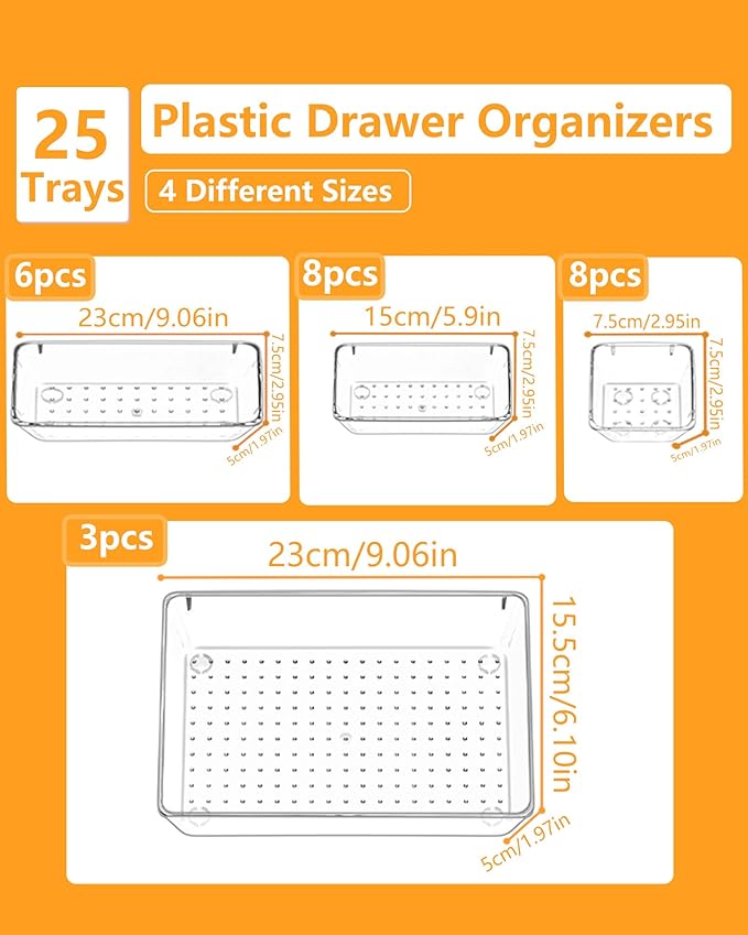 25 Pcs Clear Plastic Drawer Organizer Set, 4 Sizes Versatile Bathroom and Vanity Organizer Trays for Makeup, Non-Slip Desk Organizer for Bedroom, Office, Fits Jewelry and Office Supplies