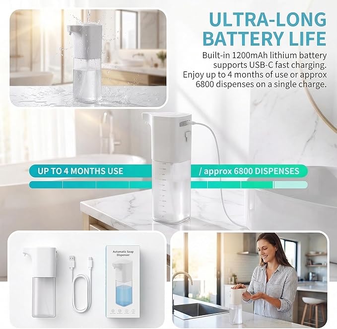 Automatic Liquid Soap Dispenser,Touchless Soap Dispenser 4-Level Adjustable Electric,Auto Bathroom Kitchen Hand Soap Dispenser,18.6oz/550ml,Wall Mounted,Rechargeable