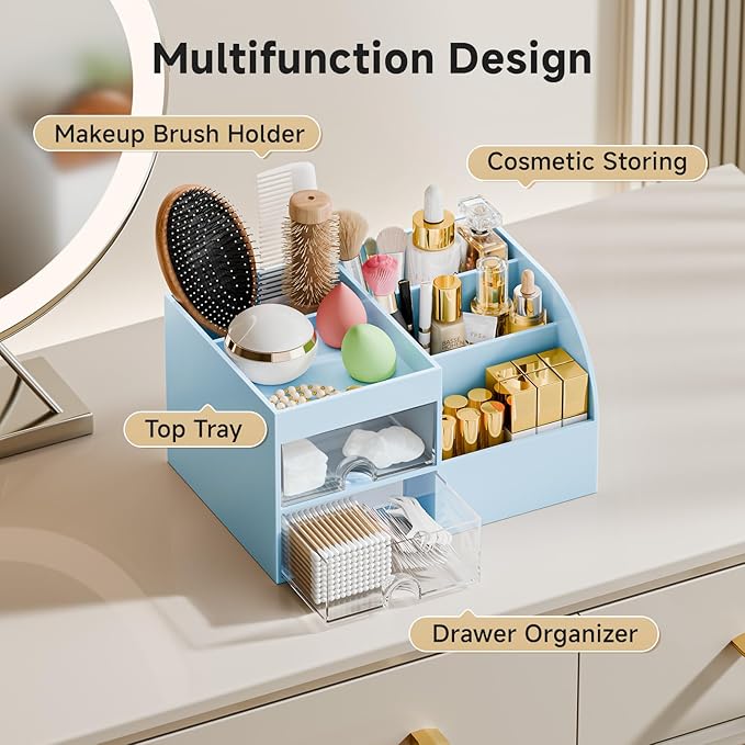 Makeup Organizer with 2 Drawers, Blue