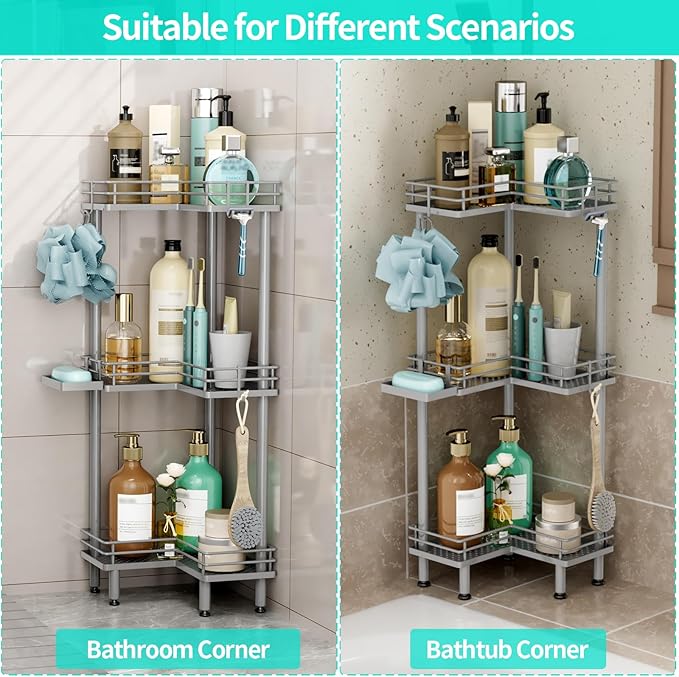 HapiRm Corner Shower Caddy Standing - 3 Tier Shower Organizer Corner with Soap Holder, Rustproof Bathroom Standing Organizer with 4 Hooks, Grey
