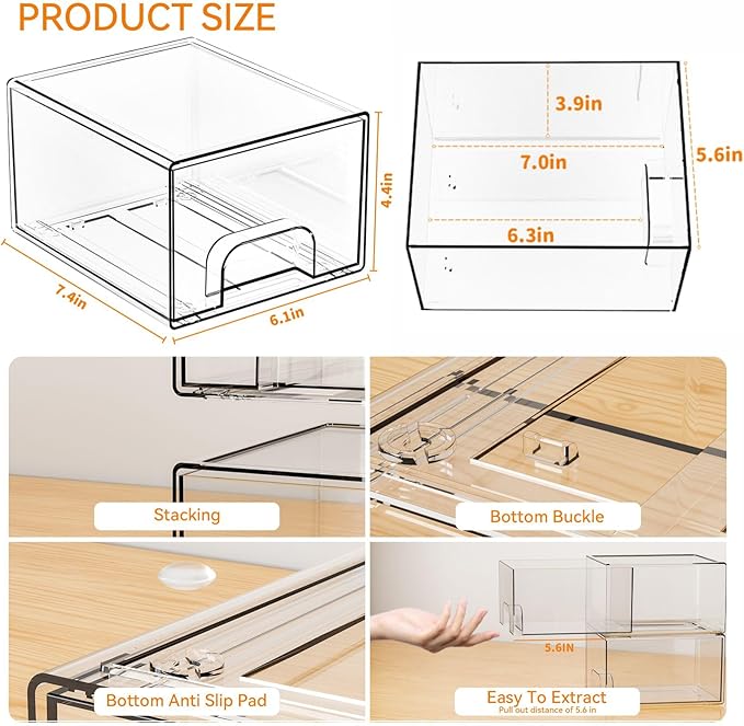 8 Pack Small Stackable Storage Bins, Clear Acrylic Drawer Boxes