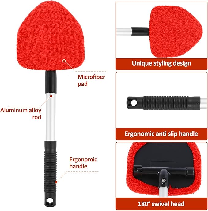 Windshield Cleaning Tool, Car Window Cleaner with Extendable Long Handle and 4 Washable Reusable Microfiber Pads and Spray Bottle