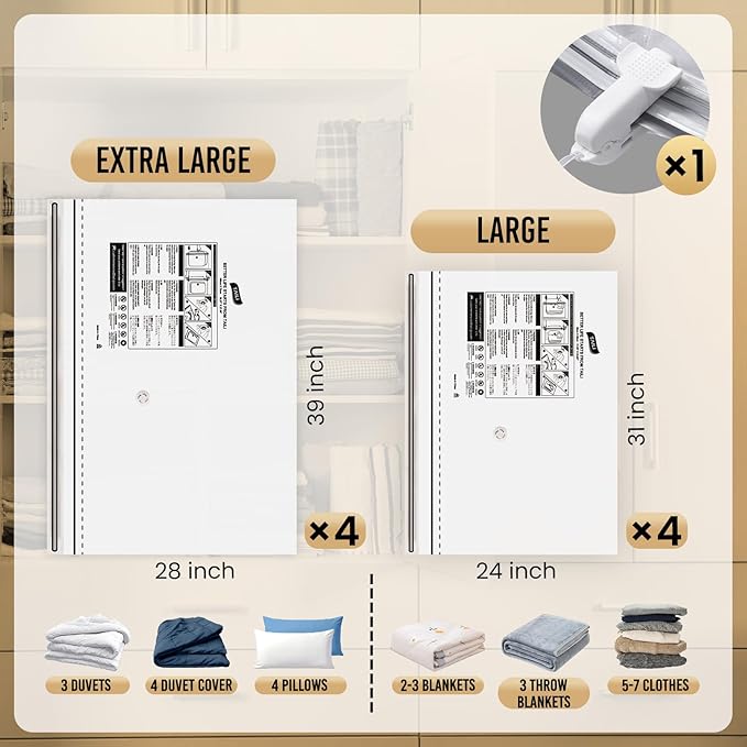 TAILI 8 Pack Vacuum Storage Bags, LONG SIDE ZIP (4 Large+4 Jumbo), Multi-Size Vacuum Seal Bags for Clothing, Storage Bulky Beddings, Blankets and Clothes, Space Saver for Closet Organization