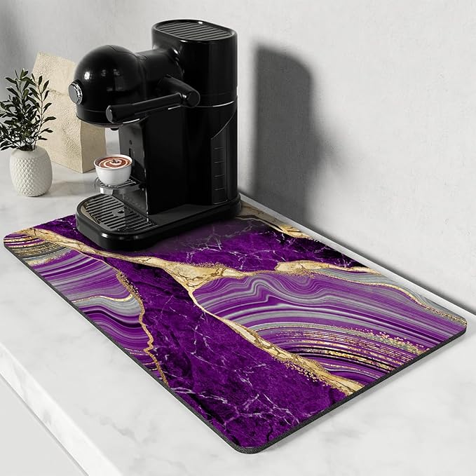 Dish Drying Mat for Kitchen Counter, Purple Marble Gold Agate Design, Washable Absorbent Quick Dry Pad with Rubber Backing, Draining Mat for Dishes Coffee Table, 16" x 24"