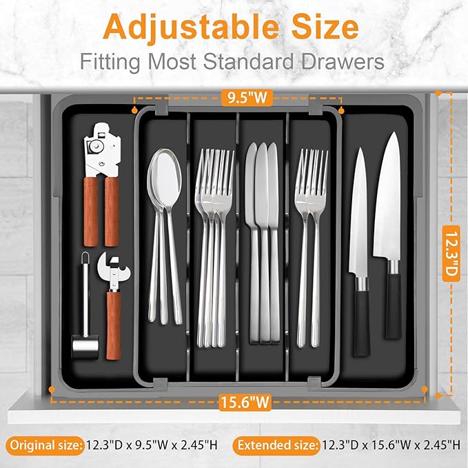 Homecor Silverware Organizer - Expandable Kitchen Drawer Organizer Utensil Holder, BPA Free Flatware and Cutlery Tray for Spoons Forks Knives, Plastic Kitchen Organizer and Storage