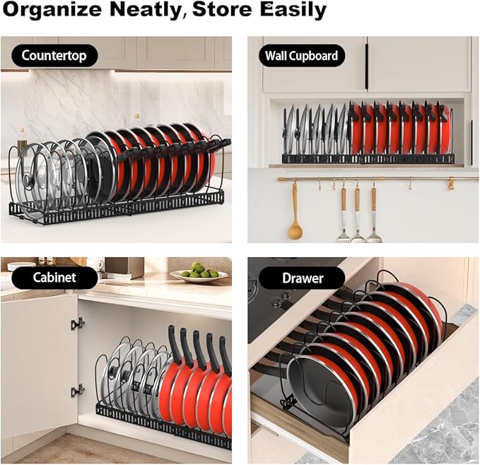Housolution Pot and Pan Organizer Rack for Cabinet, Expandable Pot Lid Organizer Holder with 14 Adjustable Dividers