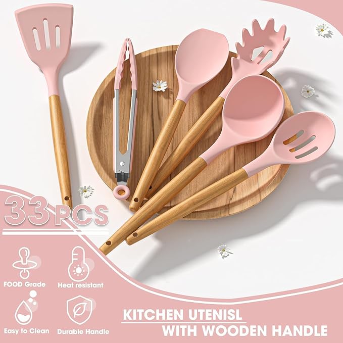 Premium Silicone Kitchen Cooking Utensils Set, 33pcs – 446°F Heat Resistant, Non-stick, BPA-Free, Wooden Handles, Spatula, Turner, Tongs, Spoon, Brush, Whisk – Essential Cooking Gadgets (Pink)
