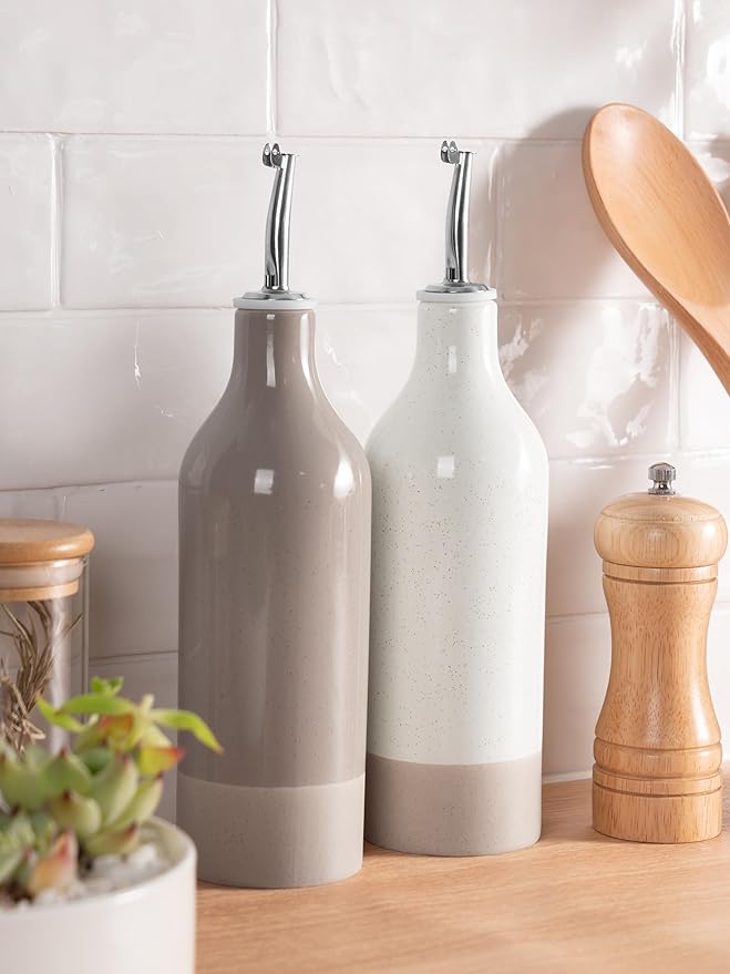 famiware Milkyway 16oz Ceramic Olive Oil Dispenser Bottle, Olive Oil and Vinegar Dispenser Bottle Set of 2 with Stainless Steel Pourers, Suitable for Storage Vinegar, Liquids, White and Cinnamon Brown