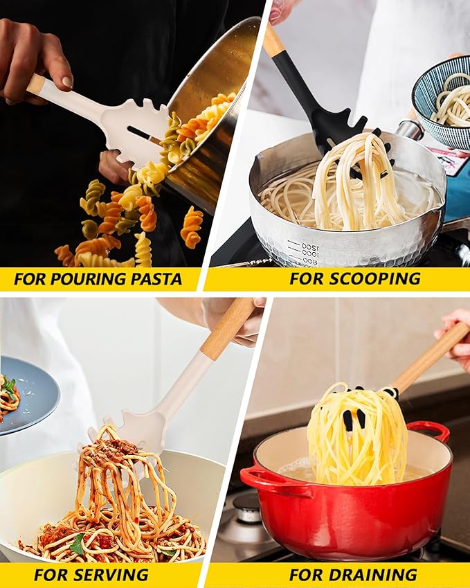 Pack of 2 Spaghetti Spoon, Silicone Pasta Fork with Wooden Handle, Heat Resistant Noodle Spoon Server, BPA Free Spaghetti Strainer(BLACK-KHAKI)