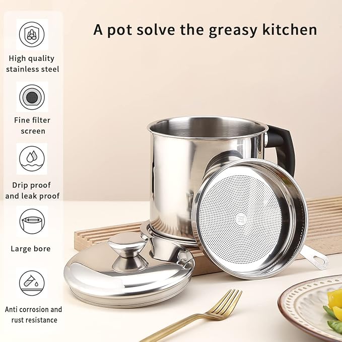Kyraton Bacon Grease Container With Strainer, 48 oz Stainless Steel Oil Container, Pot Fat Storage With Lid, Easy Grip Handle Suitable For Storing Frying Oil And Cooking Grease 1. Silver