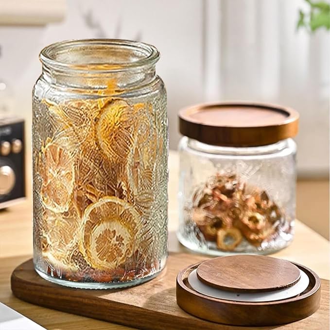 34 OZ Airtight Glass Storage Jar with Bamboo Lid - Vintage Glass Jar Vintage Food Containers Canisters Set for Kitchen Counter & Pantry - Ideal for Sugar, Flour, Coffee, Tea, Candy, Oats, Cereal