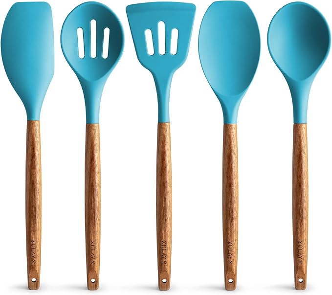 Zulay Kitchen Non-Stick Cooking Utensils Set with Authentic Acacia Wood Handles – 5-Piece Durable & Stylish Silicone Kitchen Utensils Set – Heat Resistant to 464°F – Blue