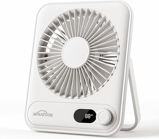 WHATOOK Small Desk Fan Personal Fans: 5000mah 25 Hours Battery Office Quiet Mini Desktop Fan Portable Rechargeable Travel Essentials (White, 5000 mAh)