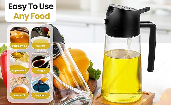 2 in 1 Oil Sprayer & Dispenser for Cooking | 16oz/470ml Glass Olive Oil Sprayer with Brush | Oil Spray Bottle with Pourer, Food-grade Oil Mister for Air Fryer, Salad, Frying, BBQ (Black)