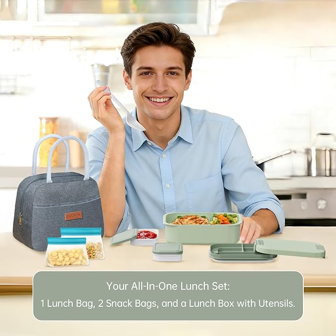 JBGOYON Bento Box and Lunch Bag Set, Leak-Proof Lunch Box for Adults and Kids with Built-in Utensils, Insulated for Work School Travel, Microwave & Dishwasher Safe, All-in-One (Light Green)