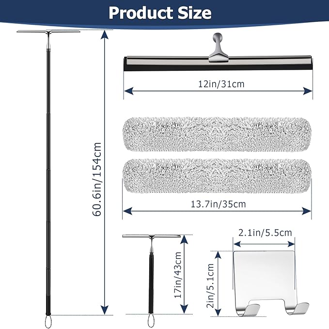 17'' - 60'' Metal Squeegee with Extension Pole for Window,Glass Door,Mirror, 12'' Wide Telescopic Shower Squeegee Cleaner with Long Handle