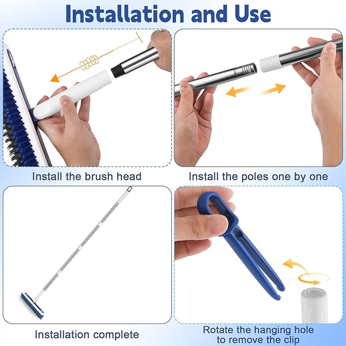 4-in-1 Floor Scrub Brush with Long Handle V-Shaped Crevice Brush Floor Scrubber Mop with Squeegee and Tweezer for Cleaning Gap Tile Bathroom Kitchen Patio Deck Garage