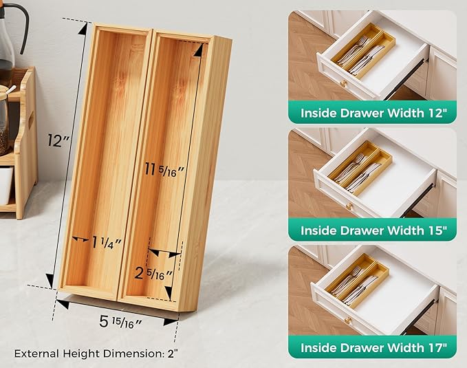 Bamboo Kitchen Drawer Organizer Boxes – 12" x 3" Stackable Wood Silverware Utensil Tray for Drawers Bins, Cutlery & Flatware Storage