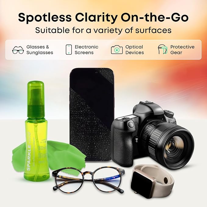 Sparkle Vivid Anti-Reflective Safe Lens Cleaner Spray Kit - (2) 2oz Glasses Cleaner Spray & (2) Microfiber Cloth for Eyeglasses, Sunglasses, Lenses