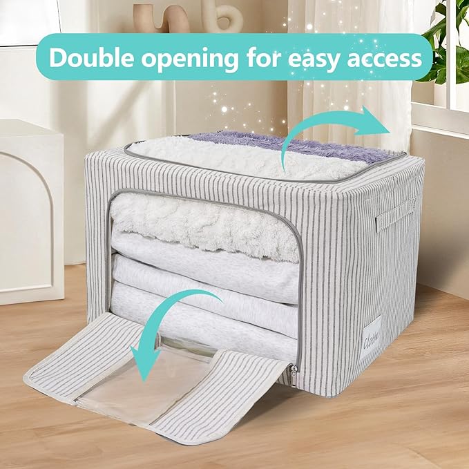 3 Pack Clothes Storage Bins, Foldable Metal Frame Storage Box with Lids,Stackable Linen Fabric Organizer Set with Carrying Handles,Zippers,and Clear Window (Grey Stripe, 66L)