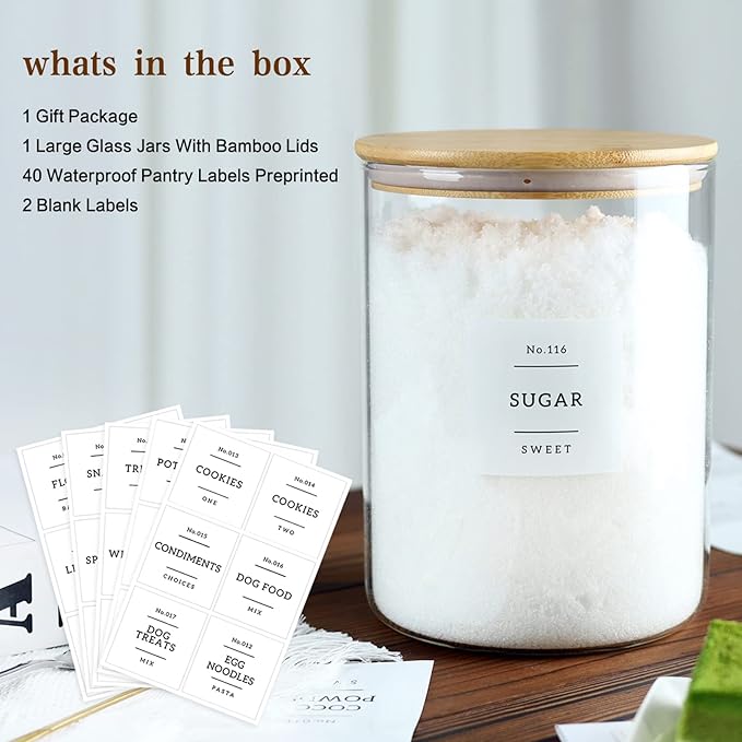 CZSZYGHBAO Large Glass Flour and Sugar Containers Jars with Bamboo Airtight Lid - 100 Fl Oz (3000ml) with Kitchen 42 Pantry Labels for Dry Food, Flour