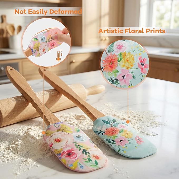 MAGICLULU 2Pcs Floral Silicone Spatula Set with Wooden Handle, Heat Resistant Rubber Scraper for Baking Cake Mixing, Non-Stick Kitchen Utensils for Cooking, Flower Pattern 11.8 Inch