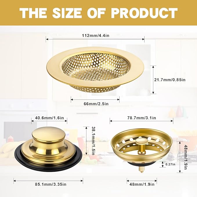 RQYEKDO 3-Pack Kitchen Sink Drain Strainer Stopper Set, Universal Anti-Clogging Stainless Steel Garbage Disposal Plug with Handle