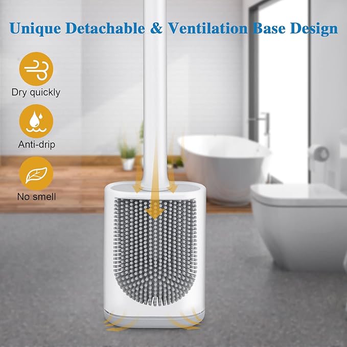 Silicone Toilet Brush and Holder Bendable Efficient Cleaning Wall Mounted Toilet Bowl Brush with Long Handle Brush Head and Silicone Bristles No Rusty