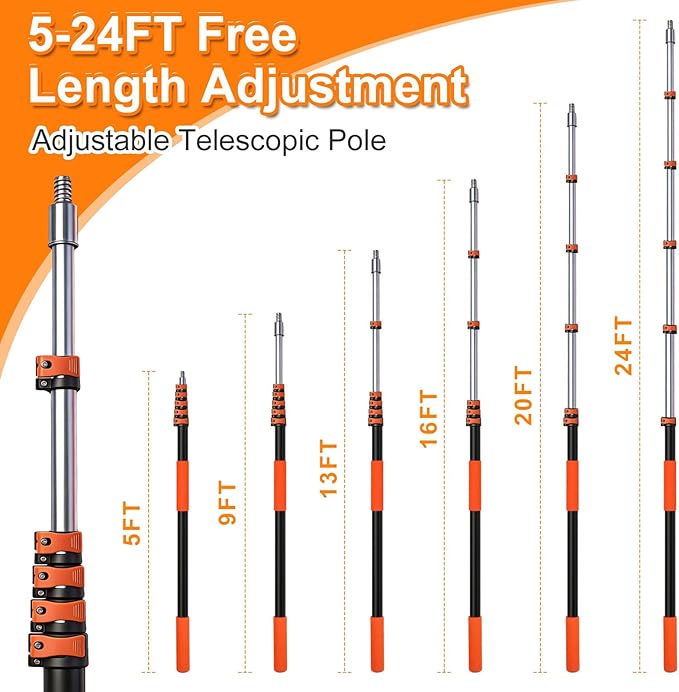 30FT High Reach Duster Kits with Dual Action Flip-Lock & Screw Fixing Design, 5-24FT Extension Pole, Cobweb Duster