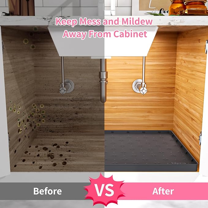 Under Sink Mat 31"×22" Waterproof Silicone Cabinet Liner & Sink Protector, Black