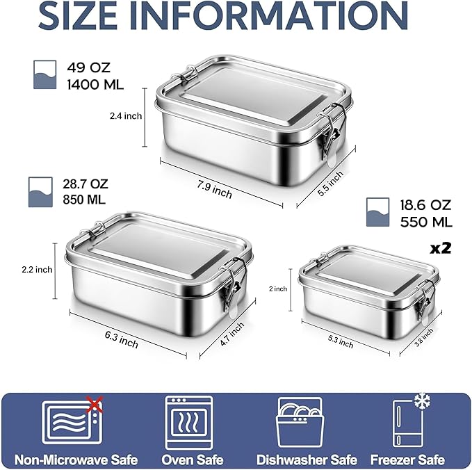 E-far 4 Pieces Stainless Steel Bento Box, 550/550/850/1400ml Metal Lunch Box, Leak-Proof Lunch Food Container with Lids and Divider