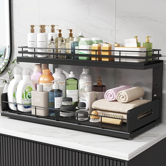 Under Sink Organizer Upgrade To Professional Rails,2-Tier Dual Pull Out Cabinet Storage,Height Adjustable Slide Out Drawers For Bathroom Kitchen