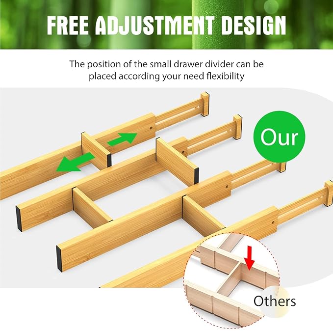 ANTOWIN Bamboo Drawer Dividers Organizers, Drawer Separators Splitter,13-17 inches Long Adjustable Spring-loaded Organizer for Large Utensil, Clothes, Tools Drawers (4+3)