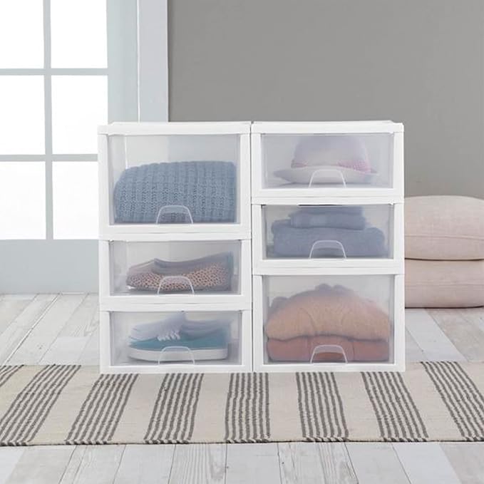 6-Pack 16 Quart Stacking Drawer, Clear Storage Closet Organizer, White Frame